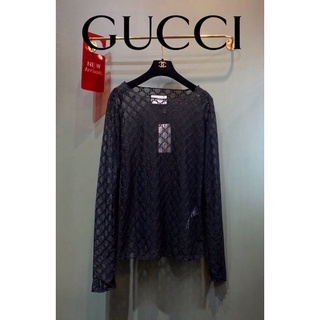 เสื้อลูกไม้ GUCCI LOGO EMBROIDERED COTTON BLEND TULLY TOP BLACK