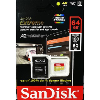 Sandisk MicroSD Extreme 64GB 160MB/s A2 ประกัน Synnex Lifetime (SDSQXA2_064G_GN6MA)