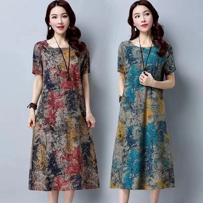 เดรสยาวผาลนน เดรสสาวอวบ M-4XL เดรสลายดอก คอกลมแขน สน ชดเดรสกระโปรงผหญง