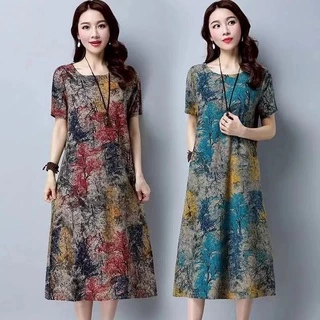 เดรสยาวผาลนน เดรสสาวอวบ M-4XL เดรสลายดอก คอกลมแขน สน ชดเดรสกระโปรงผหญง