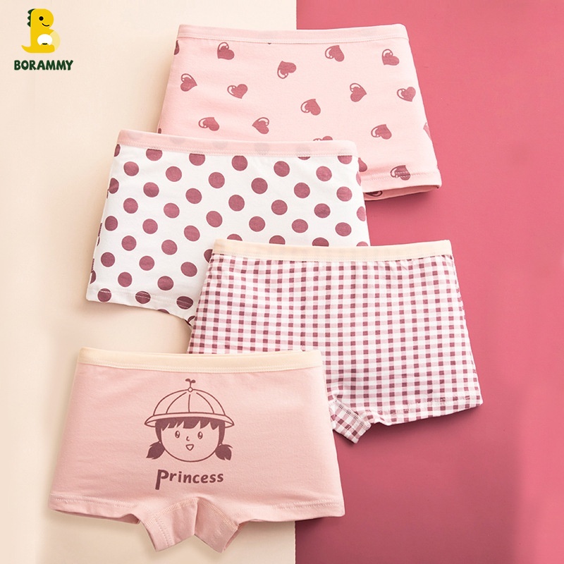 Qqs258 【แพ็ค 4 ชิ้น】กางเกงบ็อกเซอร์ผ้าฝ้ายเด็กผู้หญิงเหมาะสำหรับเด็กเล็ก กลาง และใหญ่ ระบายอากาศได้ดี