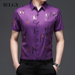 Ielgy เสื้อเชิ้ตแขนสั้นลําลอง คอปก พิมพ์ลายตัวอักษร แบบบาง สําหรับผู้ชาย