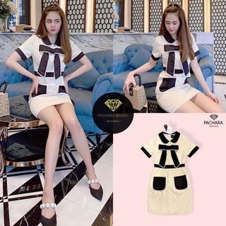 พร้อมส่ง 🎀🖤 PACHARA Size M 📌 เดรสคอปกแขนสั้นสีครีม ปลายแขนตัดขอบสีดำ ช่วงเอวเข้ารูปสวย แต่งโบว์ใหญ่ด้านหน้า ปักขอบมุกสวย