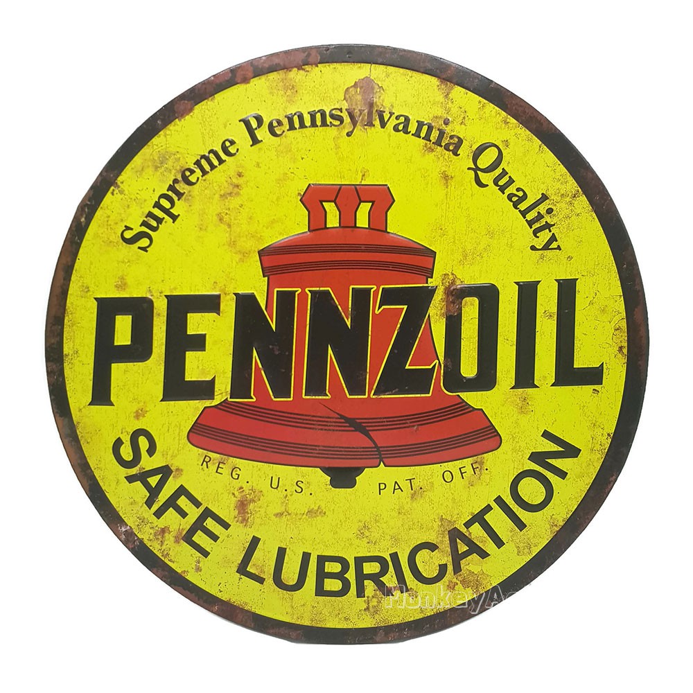ป้ายสังกะสีวินเทจ Pennzoil Safe Lubrication (ปั๊มนูน)