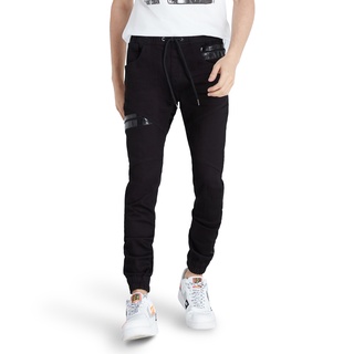 DAVIE JONES กางเกงจ็อกเกอร์ ยีนส์ เอวยางยืด ขาจั๊ม สีดำ คาดหนัง Drawstring Denim Joggers in black GP0099BK