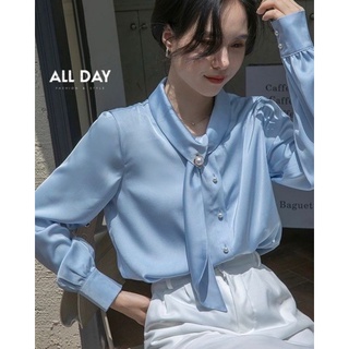 พร้อมส่ง☄️เสื้อซาตินสีฟ้า แต่งไทด์ ☄️all day