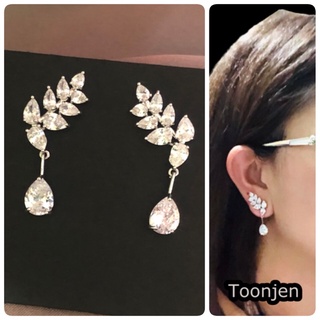 (พร้อมส่ง) Toonjen🎁ต่างหูออกงาน รูปใบไม้ สีเงินประดับเพชร ❤️คุณภาพดี น้ำหนักเบา ไม่เจ็บหู 💰💰แถมฟรีถุงผ้ากำมะหยี่