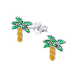 SILVER THAI Kids silver stud earrings with colorful coconut tree designต่างหูเงินเด็กลายต้นมะพร้าวหลากสีเงินแท้925