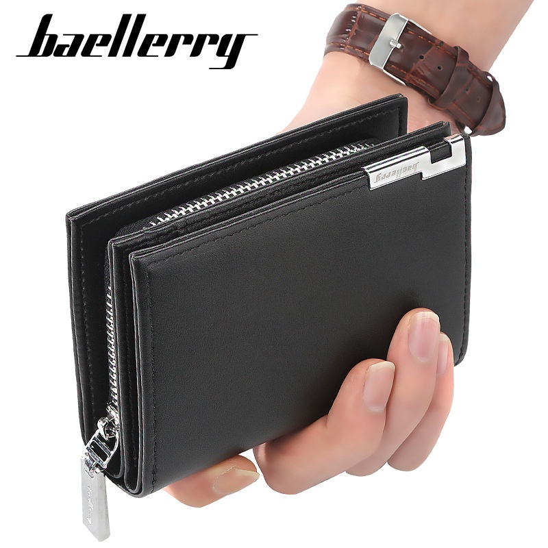 Baellerry ใหม่ กระเป๋าสตางค์ใบสั้นลําลอง มีซิป จุของได้เยอะ สีพื้น แฟชั่นสําหรับผู้ชาย