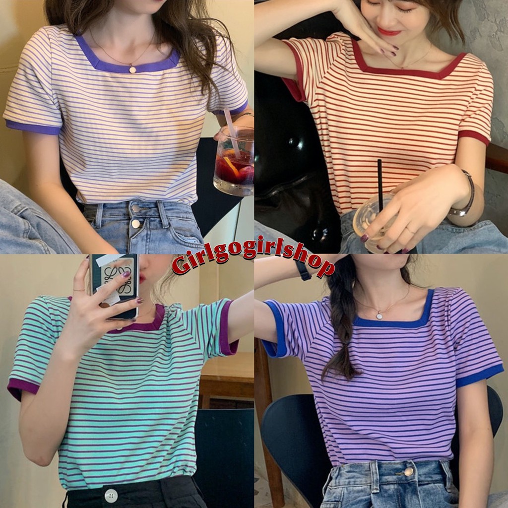 พร้อมส่ง! เสื้อยืดคอเหลี่ยมลายทาง เสื้อยืดยาวเต็มตัว สไตล์เกาหลี no.8