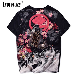 Lyprerazy เสื้อยืด แขนสั้น ปักลายดอกไม้ ปลาคาร์พ สไตล์ญี่ปุ่น ฮาราจูกุ วินเทจ สําหรับผู้ชาย