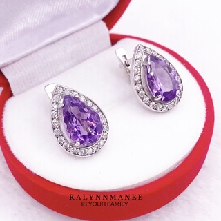 Q6412 ต่างหูพลอยอเมทิสต์แท้ ( Amethyst ) แบบอิงลิชล็อค ตัวเรือนเงินแท้ 925 ชุบทองคำขาว