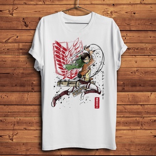 ขายดี!เสื้อยืดแขนสั้นลําลอง พิมพ์ลายอนิเมะ Eren Jaeger Mikasa Ackerman สีขาว สไตล์สตรีท สําหรับผู้ชาย และผู้หญิงS-5XL