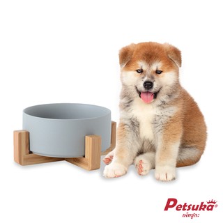 [Petsuka] ชามเซรามิคสัตว์เลี้ยง Petsuka พร้อมฐานรองสไตล์ญี่ปุ่น สำหรับสุนัขและแมว สีเทา