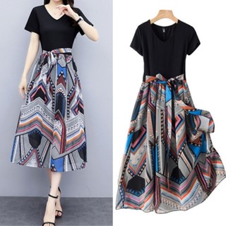 ✅ส่งไว✅สต็อกไทย ชุดเดรส เสื้อคอวีแขนสั้นเย็บติดกระโปรงกราฟฟิก มีเชือกผูกเอว ผ้าบางใส่สบาย สไตล์โบฮีเมียน