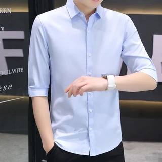 MANSTR เสื้อเชิ้ตผู้ชาย คุณภาพ ลำลอง 3 4 แขน ผ้าไหมน้ำแข็ง เสื้อเชิ้ตเกาหลี สีทึบ เข้ารูป ชุดทำงานอย่างเป็นทางการ สีเขียว\ น้ำเงิน \ ดำ \ ขาว