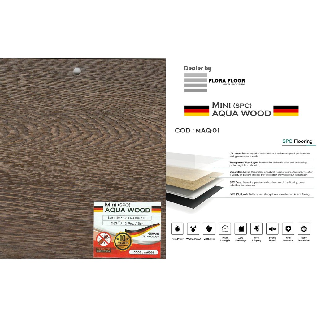 กระเบื้องยางMINI AQUA WOOD SPC 4.30 มิล ระบบคลิ๊กล็อค ประกันคุณภาพ 10 ปี ตร.ม.ละ 399 บาท 1 กล่องปูได
