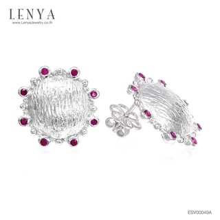 Lenya Jewelry ต่างหูเงินแท้ประดับทับทิม (Ruby) สีแดง ดีไซน์รูปพระอาทิตย์ พร้อมเทกเจอร์ที่ด้านหน้าตัวเรือน