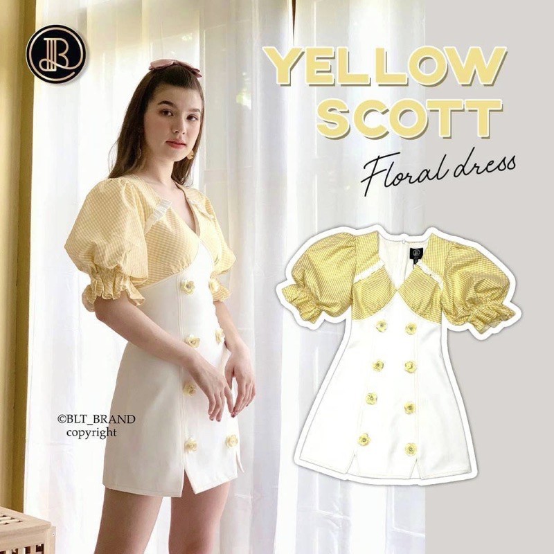 📌มือ1 ป้ายห้อย 💛BLT Brand แท้ เดรสแขนตุ๊กตาน่ารัก คัตติ้งทรงอกโค้งสวยมาก ชุดผ่าหน้าขา พร้อมเลื่อมดอก