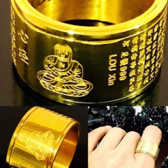 แหวนแฟชั่นนำโชคหัวใจพระหฤทัยสูตร หมุนได้ สลักคาถาบทสวด สีทอง ปัดเป่าอันตราย พบแต่ความสงบสุข มีสมาธิHappy Buddha Ring