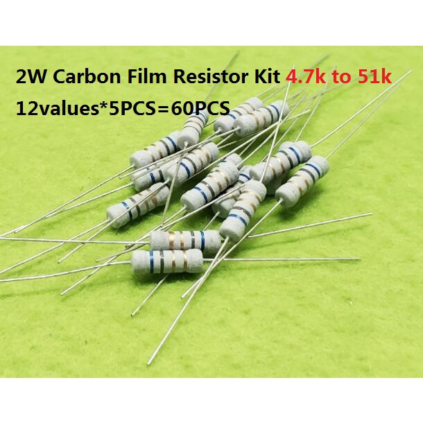 12values ​​* 5PCS = 60PCS 4.7Kohm 51k ohms 2W 5% Carbon Fillm Resistor ชุดชุดสารพัน 5.1k 6.8k 8.2k 1