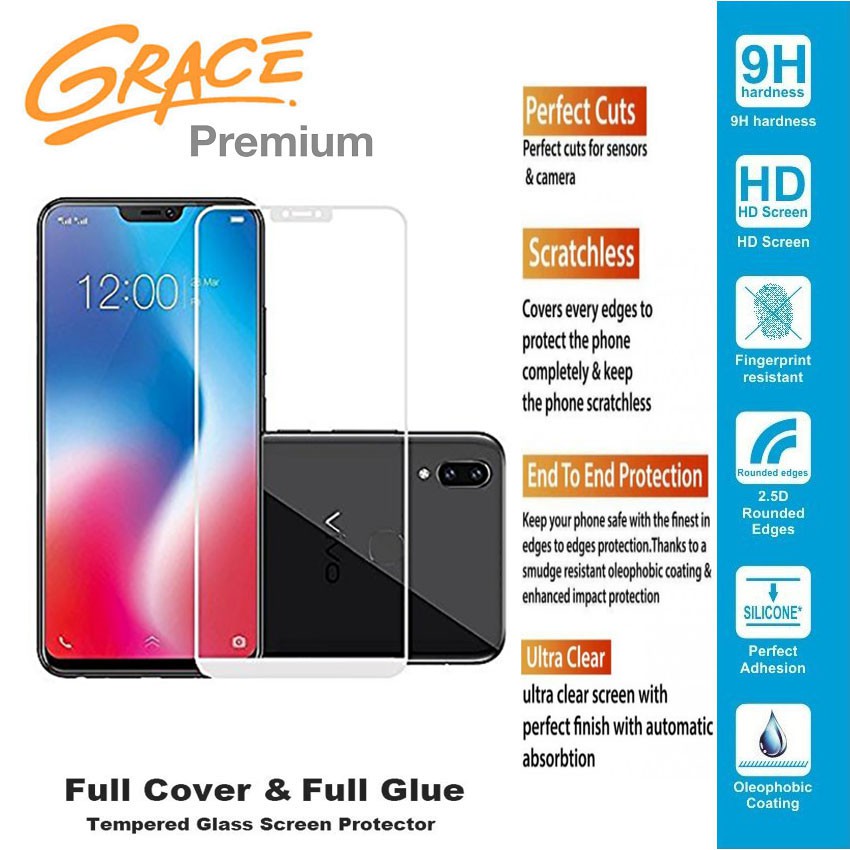 Grace Premium Vivo V9 - กระจกนิรภัย 6.3 นิ้ว เต็มจอ - กาวเต็ม - สีขาว Trim