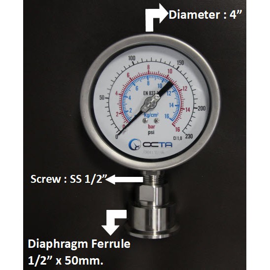 OCTA Pressure Gauge 4" + Ferrule Diaphragm  เกจวัดแรงดัน หน้าปัด4″ เกลียวสแตนเลส  + ไดอะแฟรมแบบเฟอร์