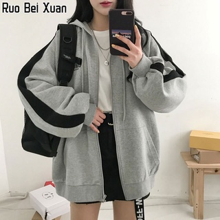 Ruo Bei Xuan เสื้อแจ็คเก็ตมีฮู้ดซิปงานเย็บปะติดปะต่อกันใหม่ของผู้หญิง