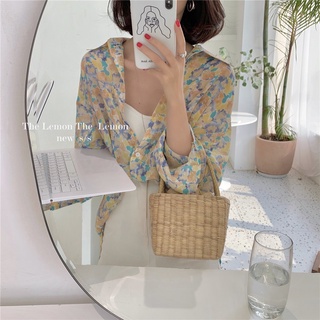 พร้อมส่ง  chiffon flora shirt C2186 เสื้อลายดอก เสื้อชีฟองลายดอก มี 2 สี ส้ม เหลือง