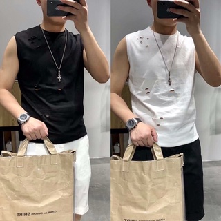 พร้อมส่ง เสื้อยืดแขนกุด รุ่นขาด สไตล์เกาหลี ผ้านิ่มใส่สบาย ไม่ร้อน