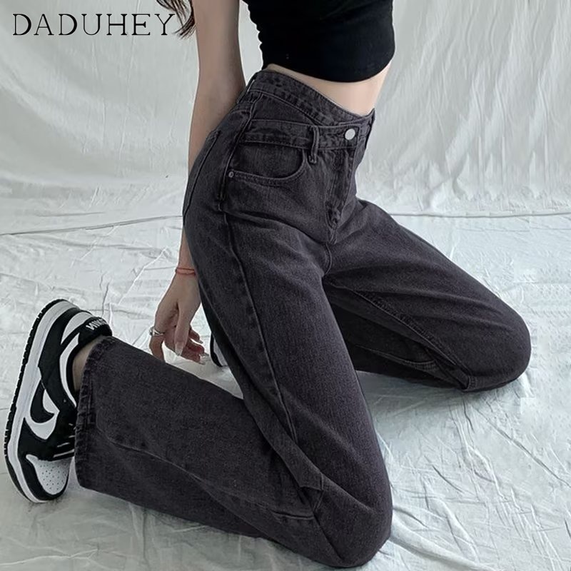 DaDuHey Women's 2022 Spring and Autumn New Black Gray Wide Leg Loose High Waist Straight Mop Jeans