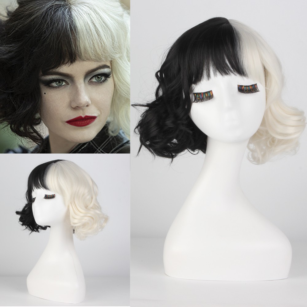 New Movie Cruella Wig Half Black And White Wigs For Costume Cosplay Women Girls Short Curly Hair Cute Wigs For Party H Shopee Thailand