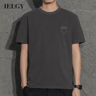 IELGY เสื้อยืดคอกลม แขนสั้น พิมพ์ลายการ์ตูนหน้ายิ้ม สําหรับผู้ชาย