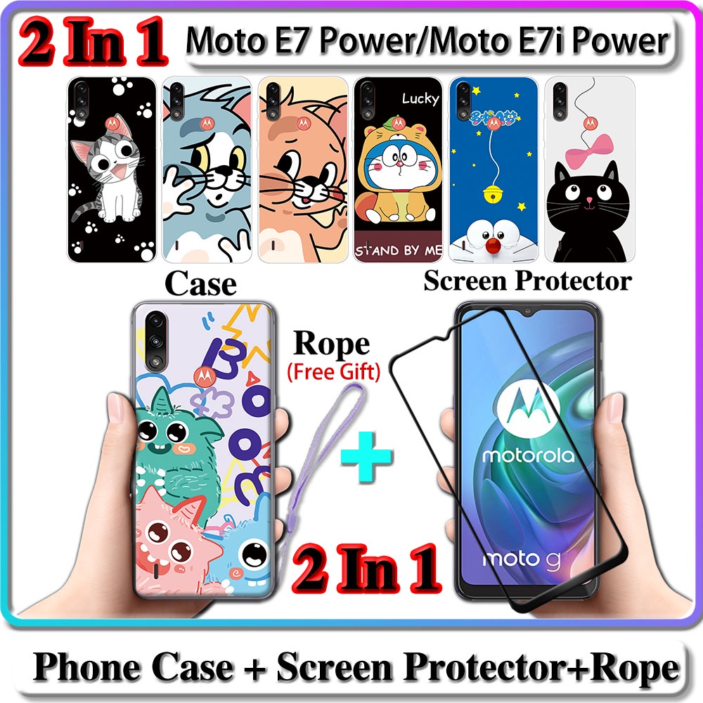 2 IN 1 เคส Motorola Moto E7 Power E7i Power Case พร้อมกระจกนิรภัยโค้ง ป้องกันหน้าจอเซรามิค แมวและโดราเอมอน