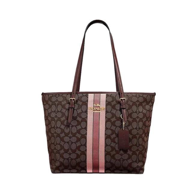 COACH กระเป๋าลด60% ของเเท้ Zip Top Tote in Signature Jacquard with Stripe