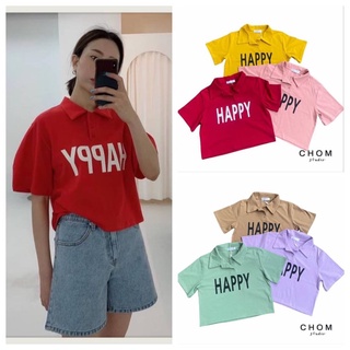 CHOM เสื้อยืดแขนตุ๊กตา​ คอปกโปโล​ กระดุม3เม็ด​ แต่งสกรีน HAPPY T-Shirtnista