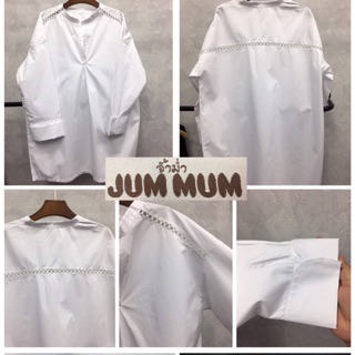 เสื้อผ้าคนอ้วน เสื้อคอจีน ผ้าพื้น  เจาะทะลุช่วงบ่า และ หลัง พับแขนเบิ้ล