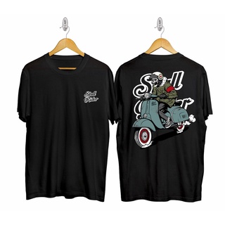 คอตต้อนคอกลมเสื้อยืด ทรงหลวม พิมพ์ลาย Vespa Racing Skull Rider สีดํา สําหรับผู้ชาย และผู้หญิงS-5XL