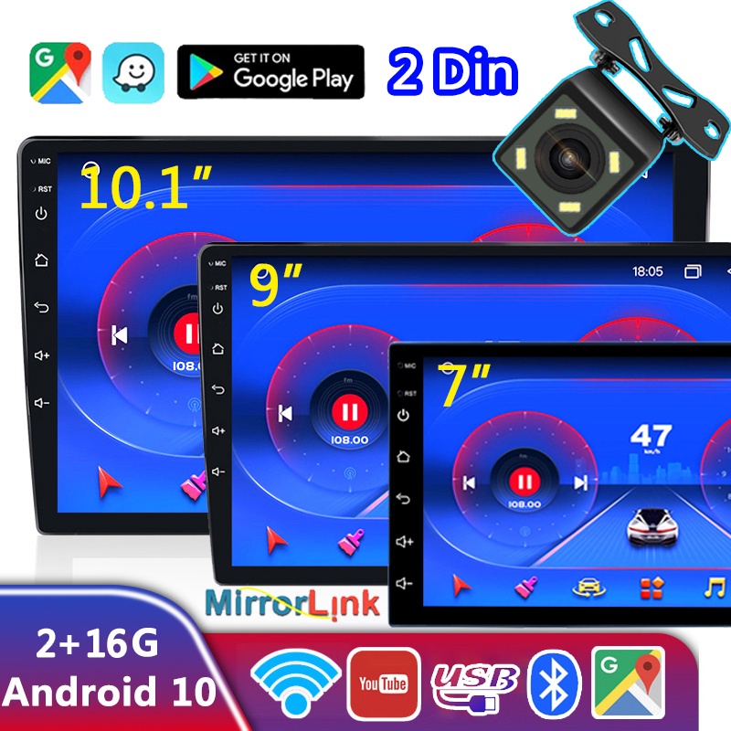 เครื่องเล่นวิทยุ Android 2G+16G หน้าจอสัมผัส 7 9 10 นิ้ว 2 Din พร้อมกล้องหลัง Wifi GPS BT FM สําหรับรถยนต์