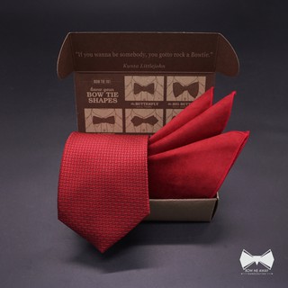 เซ็ทเนคไทแดงสดลายในตัว+ ผ้าเช็ดหน้าสูท-Red Necktie+ Pocket square