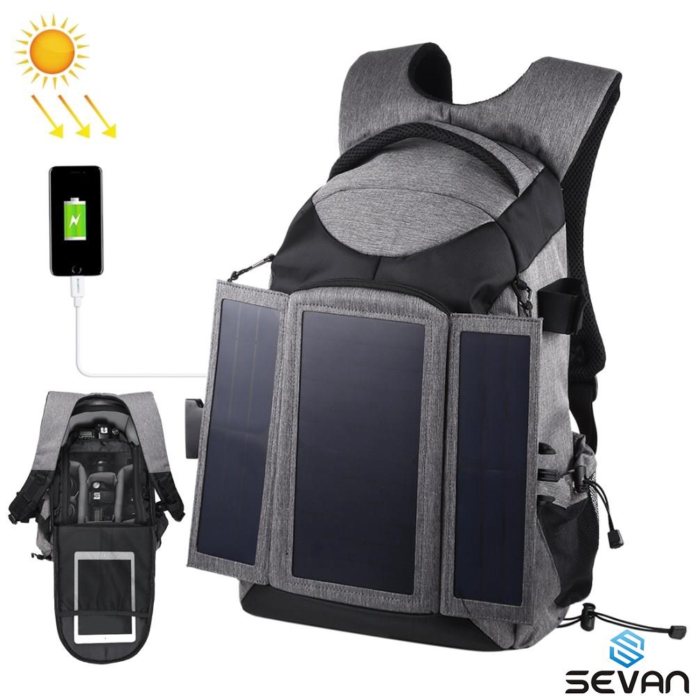 PULUZ 14W Solar Power Outdoor Dual Shoulders Backpack Camera Bag with USB Port & Earphone Hole