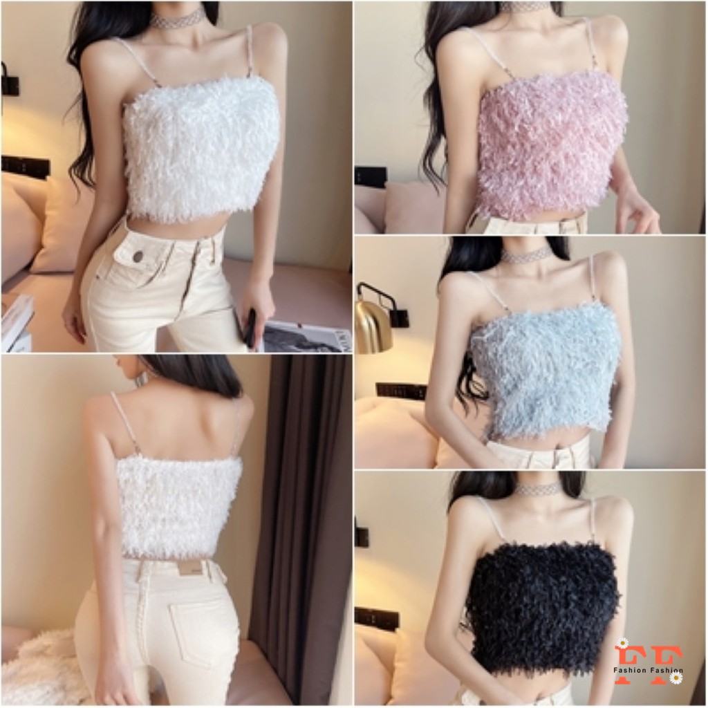 สต็อกไทย FF เสื้อสายเดี่ยว ทรงครอป สไตล์ขนนก สายแต่งลูกปัดเพชร 4 สี แฟชั่น
