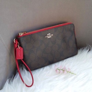 คล้องมือ 2Zip Size L DOUBLE ZIP WALLET IN SIGNATURE COATED CANVAS COACH F16109 Brown /True Red