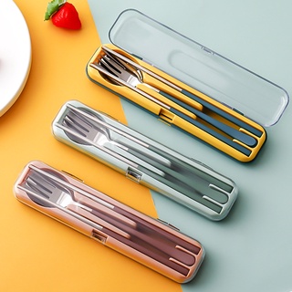 [JUJA] 4 ชิ้น/เซ็ต 304 ชุดช้อนส้อมสแตนเลส Portable Tableware Clamshell Box Set Creative 304 Stainless Steel Spoon Fork Chopsticks Three-Piece