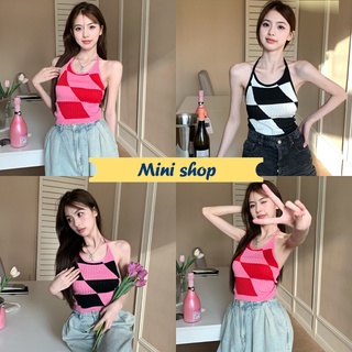 Mini shop🌸พร้อมส่ง🌸 (3188) เสื้อไหมพรมคล้องคอ ลายตารางเฉียงเก๋ๆใส่สบายน่ารัก