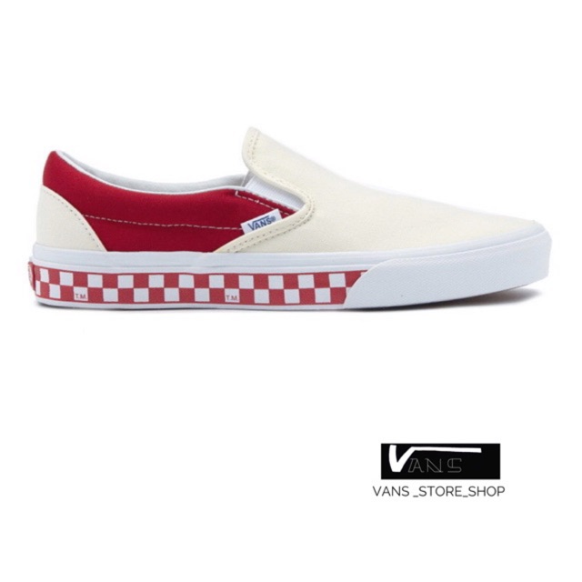 red and white slip ons