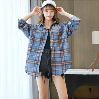 ส่งฟรีพร้อมส่ง เสื้อเชิ้ตแขนยาวแจ็คเก็ตสไตล์ฮ่องกง เสื้อเชิ้ตลายสก๊อต ผ้าฝ้ายใส่สบาย Stylish Checkered Women Shirt Women