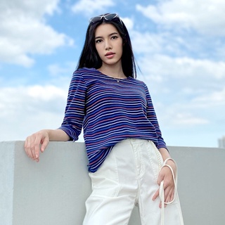 PORTLAND เสื้อริ้วแขน 3 ส่วน คอปาด ทรงคลาสสิก เนื้อคอตตอน ใส่สบาย (สีกรม) / 3/4 Sleeve Stripe Tee (Navy)