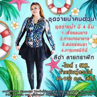 ชุดว่ายน้ำคนอ้วน ชุดว่ายน้ำไซส์ใหญ่ 4 ชิ้น แขนยาว+ขายาว+สปอร์ตบราว่ายน้ำ และ กางเกงบิกินี่ว่ายน้ำ -ไซส์ 3XL- 5XL