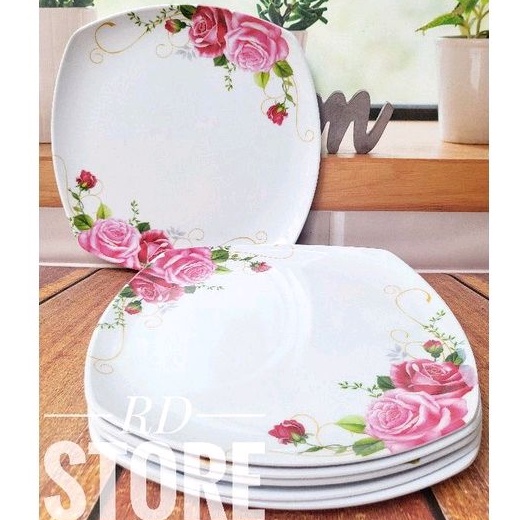 6.ชิ้น ROSE MOTIF CEPER SERVING SQUARE PLATES ANTI-HOT และ STICKY MELAMINE WARE MATERIAL